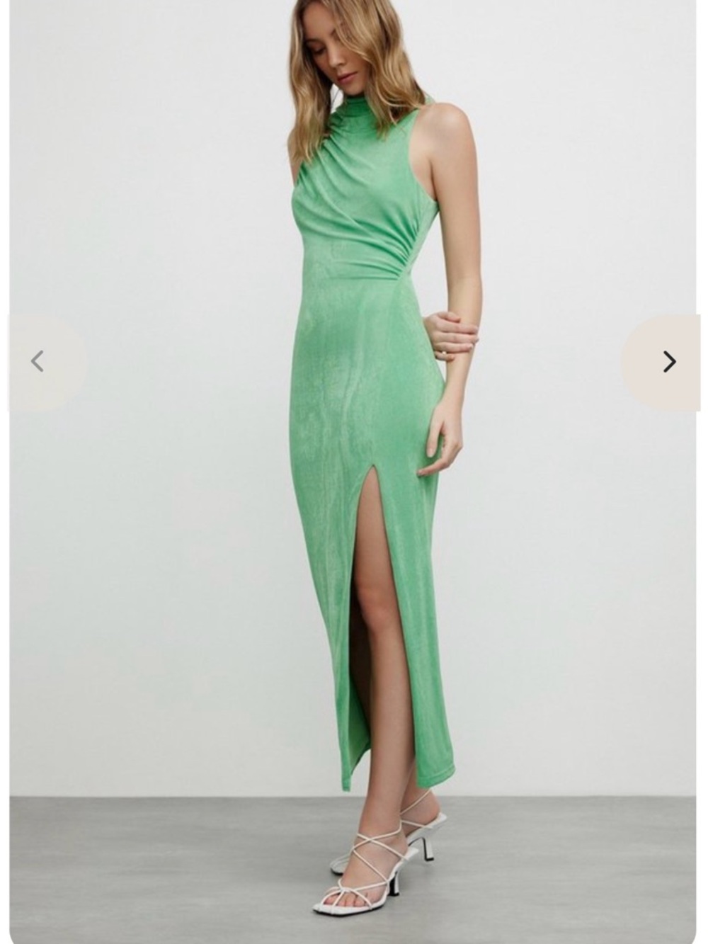 Sleeveless High-Neck Maxi Dress in Light Green with Front Slit.